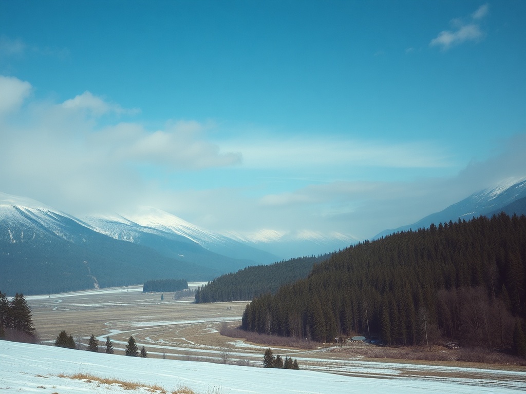 Заснеженные горы и зеленые леса, мирный ландшафт с рекой в долине под голубым небом.