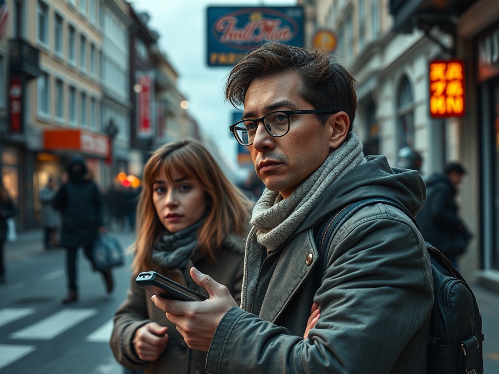 Два человека на городской улице: мужчина с телефоном и женщина с внимательным взглядом на фоне прохожих.