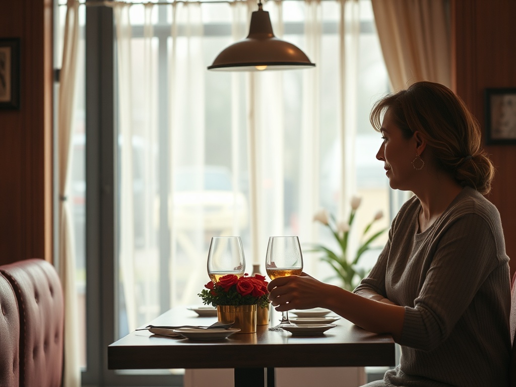 Женщина в ресторане сидит за столом с бокалом напитка, на столе цветы и тарелки. Светло и уютно.