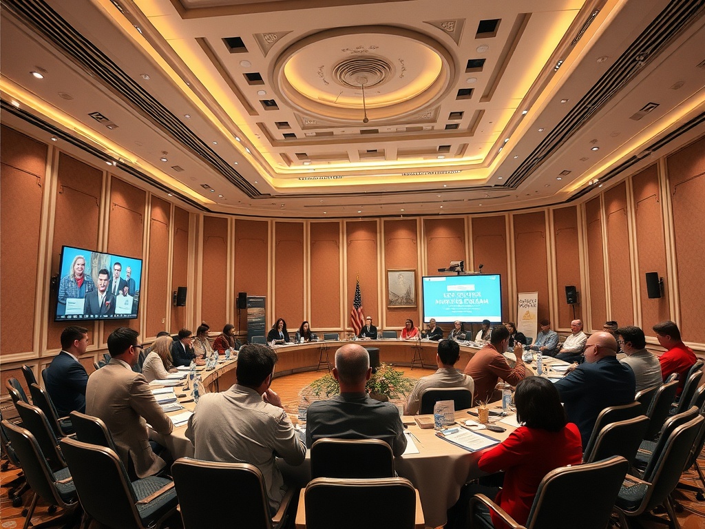 На встрече в конференц-зале участники обсуждают важные вопросы. Экран показывает презентацию.