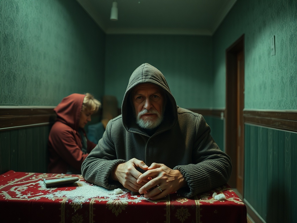 Два человека в комнате: один в капюшоне сидит за столом, другой занят делом на фоне. Стена зелёного цвета.