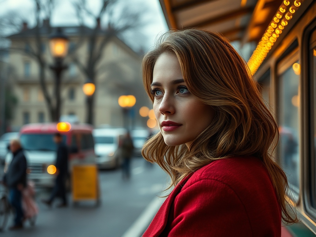 Женщина в красном пальто смотрит вдаль на городскую улицу в сумерках. Свет ламп очень теплый и мягкий.