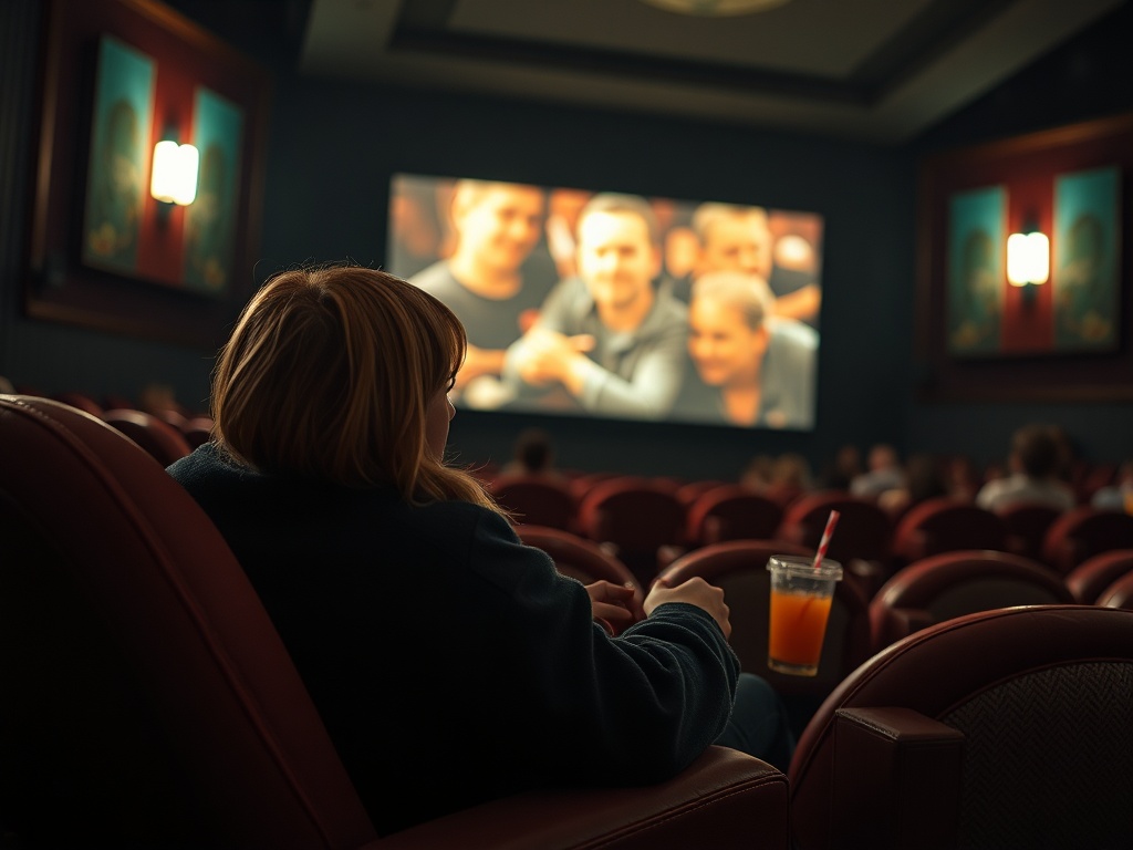 Женщина сидит в кинотеатре с напитком, смотрит на экран, где группа людей позирует для фотографии.