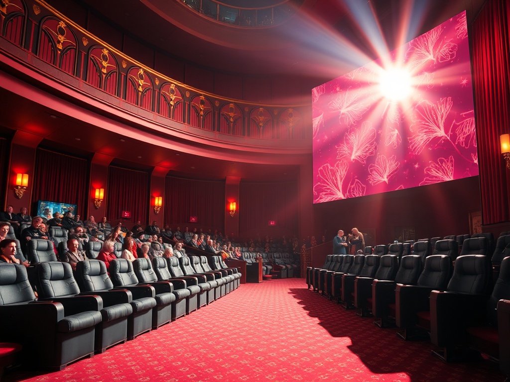 Современный кинотеатр с удобными креслами и ярким экраном, заполненный зрителями.