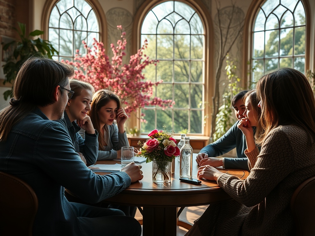 Группа людей обсуждает что-то за столом, на фоне окон и цветущих растений. На столе цветы и напитки.