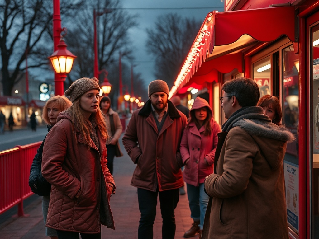 Группа людей на улице в вечернее время, разговаривают и смотрят на витрины магазинов.