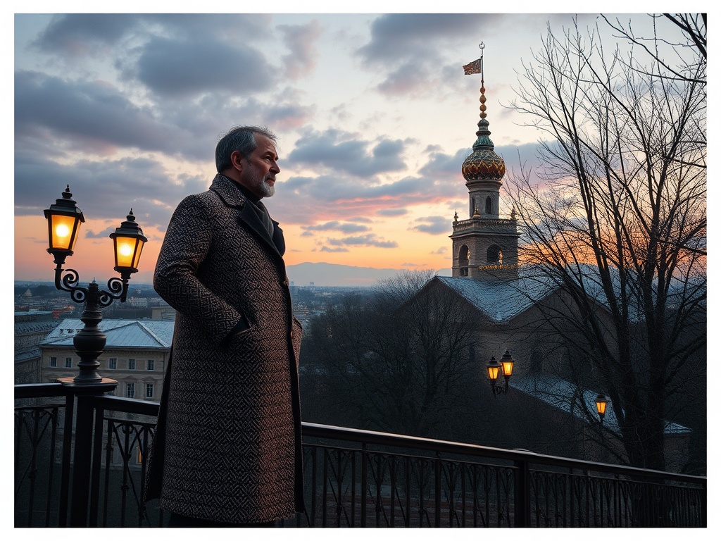 На фоне заката мужчина в пальто смотрит на церковь с куполом и фонарями. Деревья без листвы.
