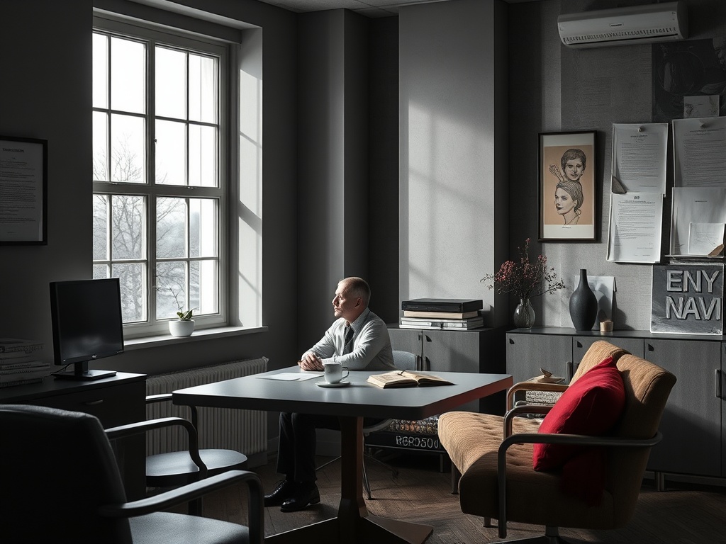 Человек сидит за столом в офисе, освещённом уютным светом, смотря в окно.