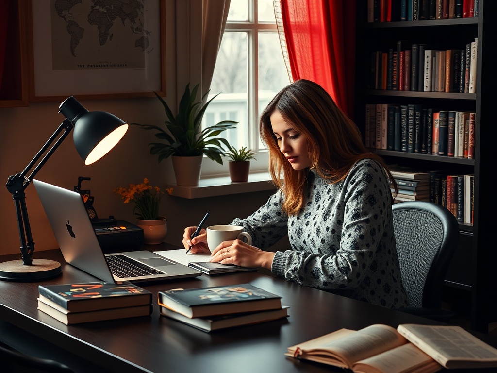 Женщина сидит за столом, пишет, рядом ноутбук и книги, в комнате уютный свет и зелёные растения.