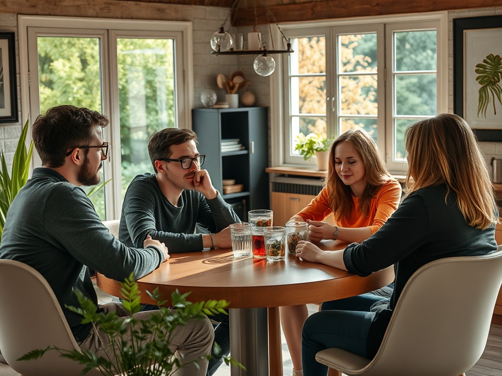 Группа людей за круглым столом обсуждает что-то важное, на столе банки с напитками и уютная обстановка.