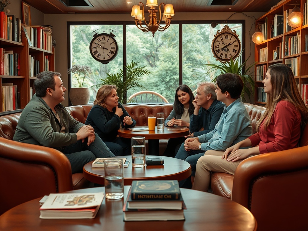 Группа людей обсуждает что-то за круглым столом в уютном кафе с библиотекой и зелеными растениями.