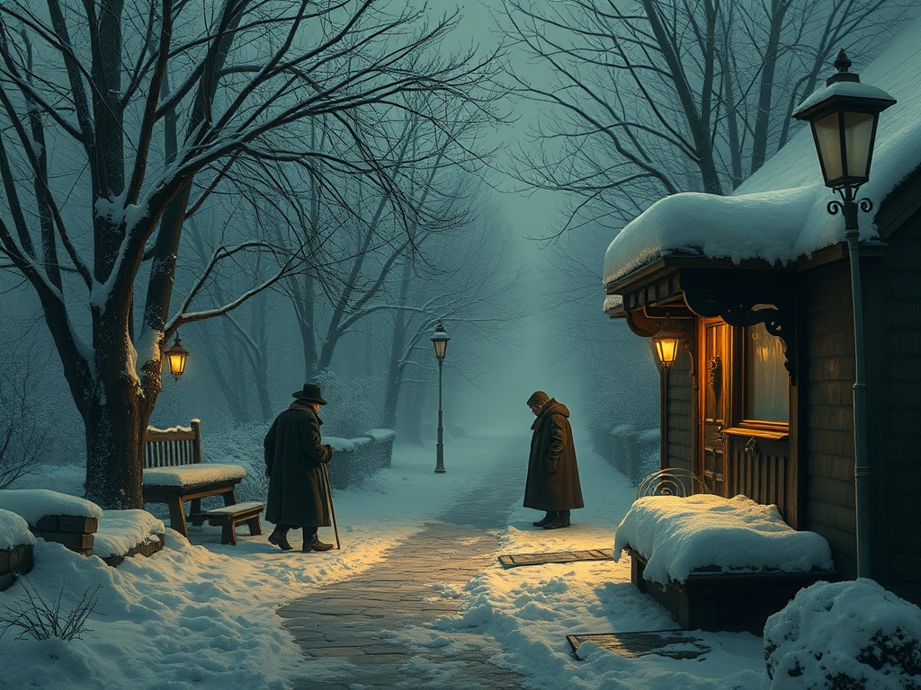 Зима в туманном городе: люди в пальто идут по заснеженной улице, окружённой деревьями и уютными фонарями.