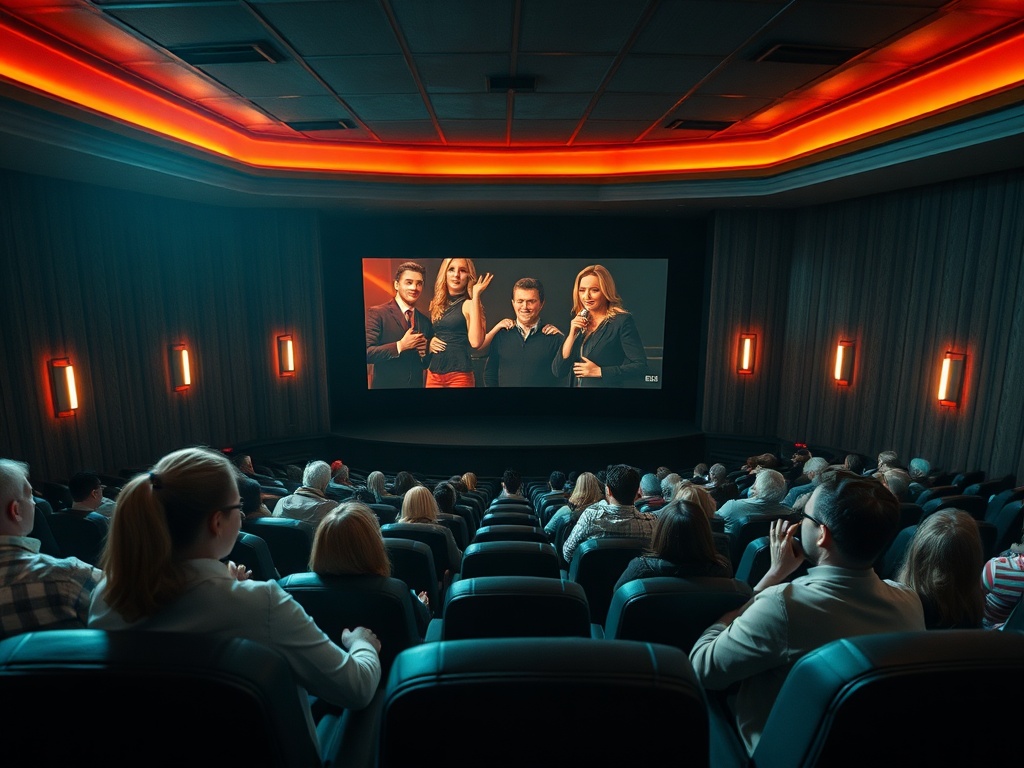 Зал кинотеатра, зрители смотрят на экран с четырьмя персонажами, освещение в тёплых тонах.