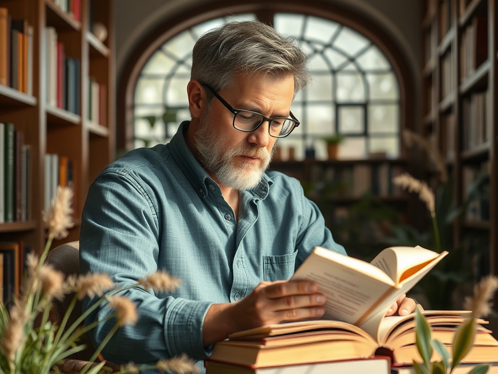 Мужчина с бородой читаёт книгу в уютной библиотеке, окружённой стеллажами с книгами и растениями.