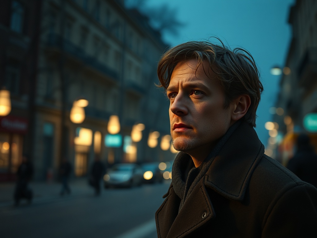 На улице в вечернее время мужчина с задумчивым выражением лица, вокруг светят фонари.