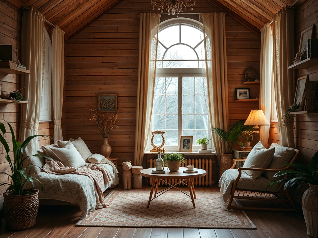 Уютная гостиная с деревянными стенами, мягкой мебелью и большими окнами, пропускающими солнечный свет.