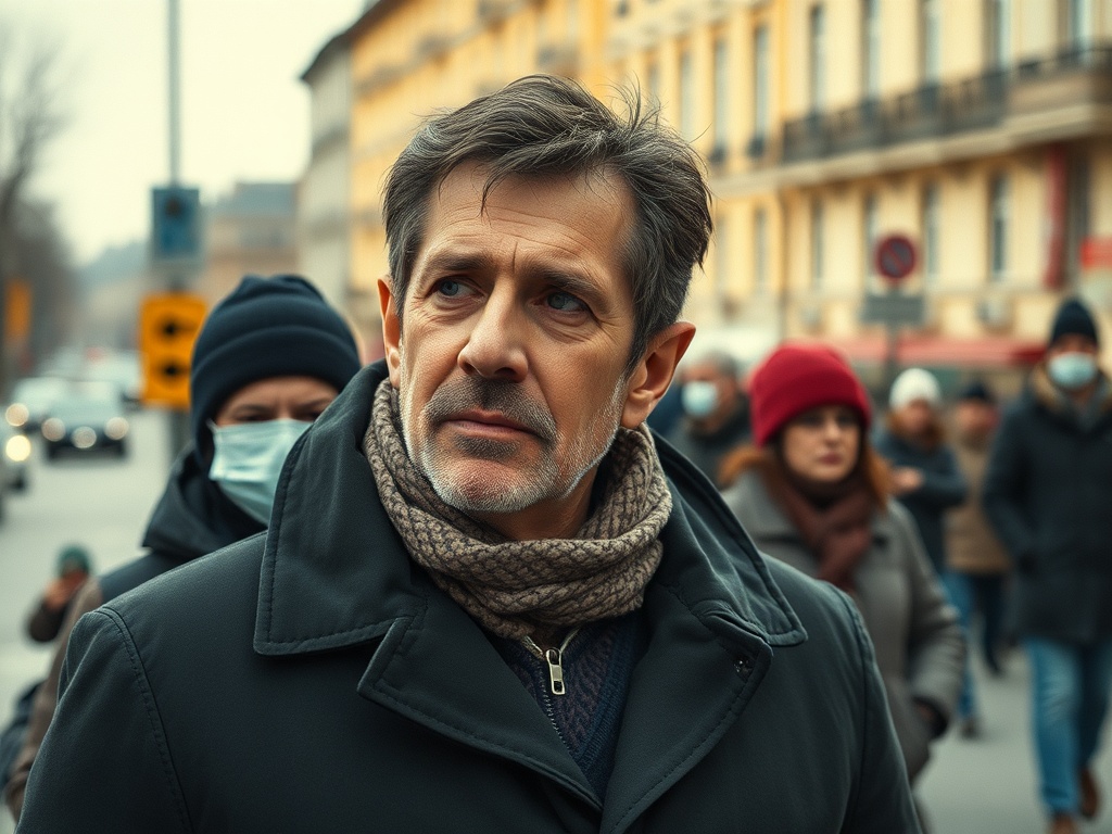 На изображении мужчина в верхней одежде с серьёзным выражением лица, сзади толпа людей на улице.