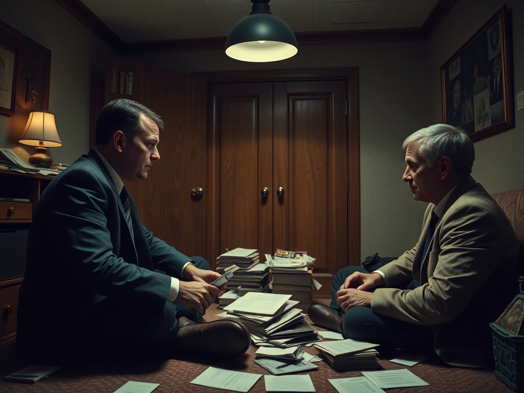 Два человека в костюмах сидят на полу в комнате, окруженные стопками бумаг и документов. Настольная лампа освещает их.
