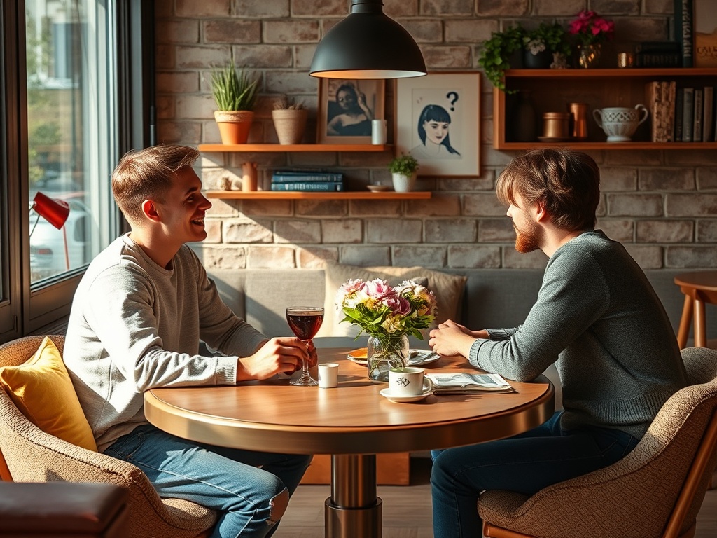 Два человека сидят за столиком в кафе, беседуют, перед ними цветы и напитки на столе. Светлый и уютный интерьер.