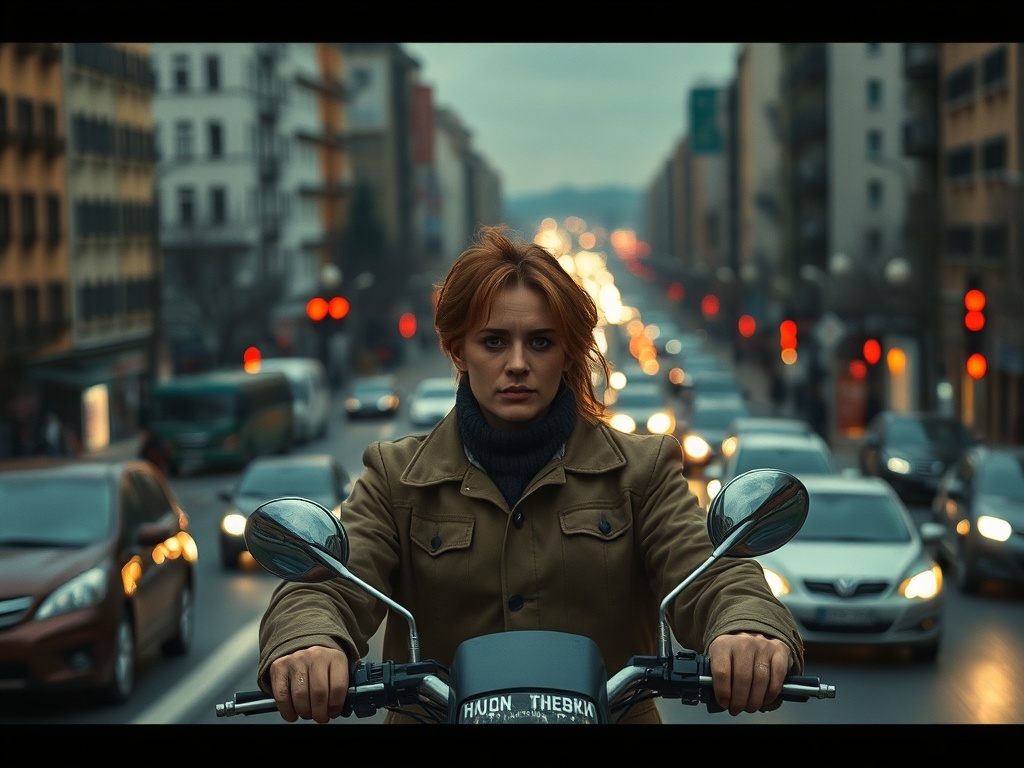 Женщина на мотоцикле в городском движении, акцент на её решительный взгляд и окружающий трафик.