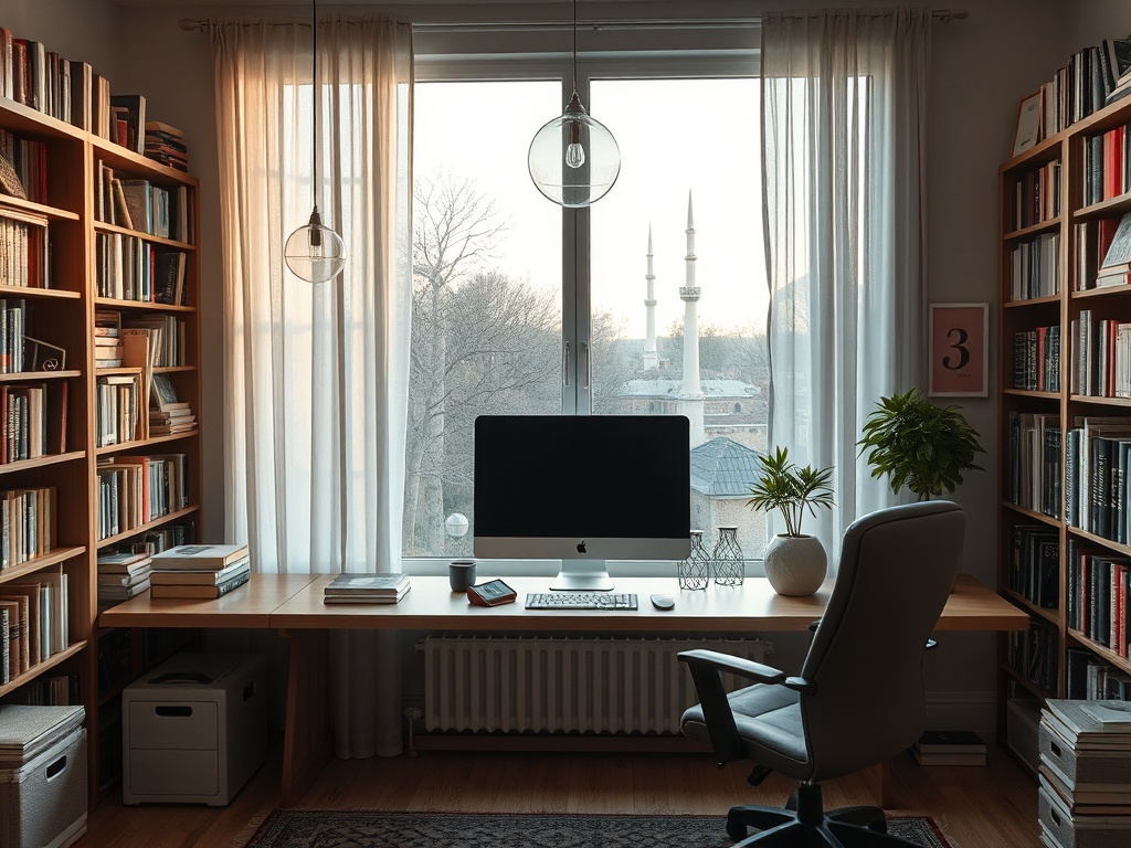 Уютный офис с книгами, компьютером и растениями. Окно с видом на мечеть и окружающую природу.