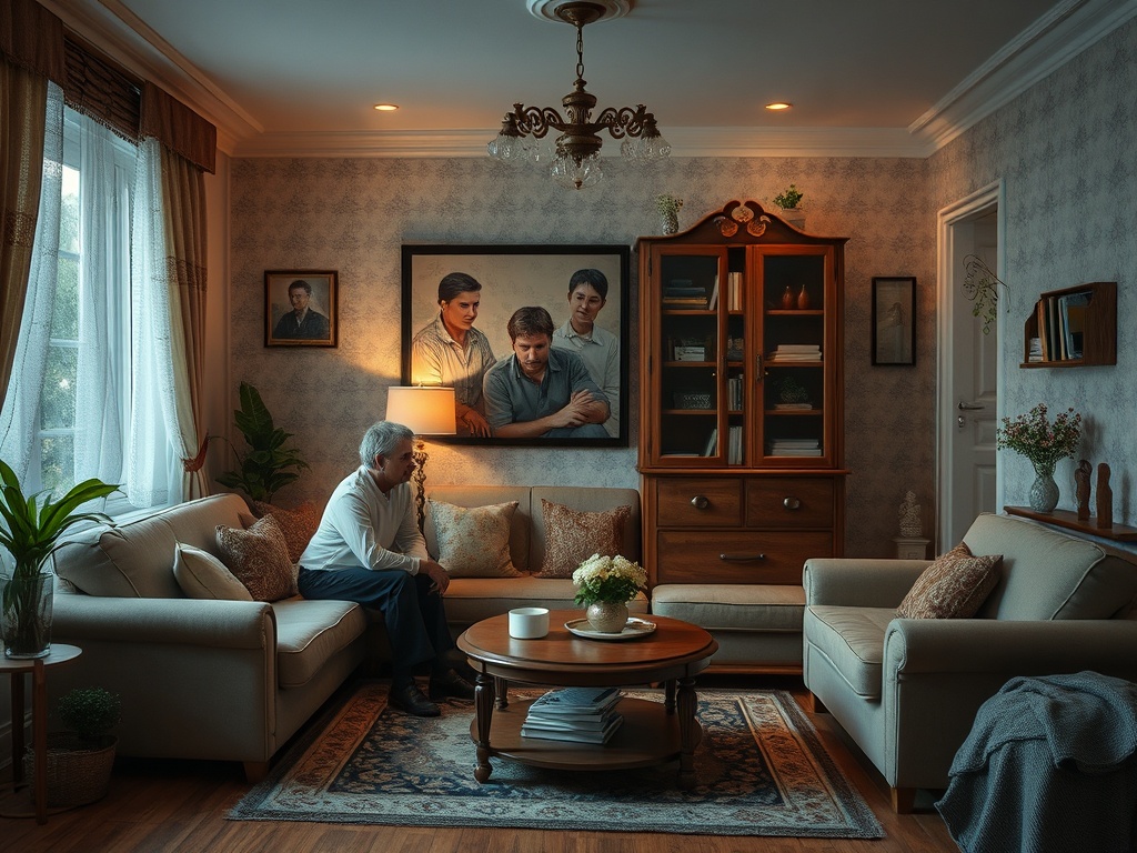 В уютной комнате пожилой человек сидит на диване и смотрит на семейные фотографии на стене.