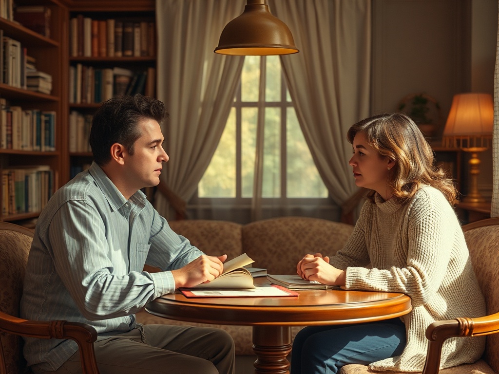 Мужчина и женщина обсуждают что-то важное за столом в уютной комнате с библиотекой.