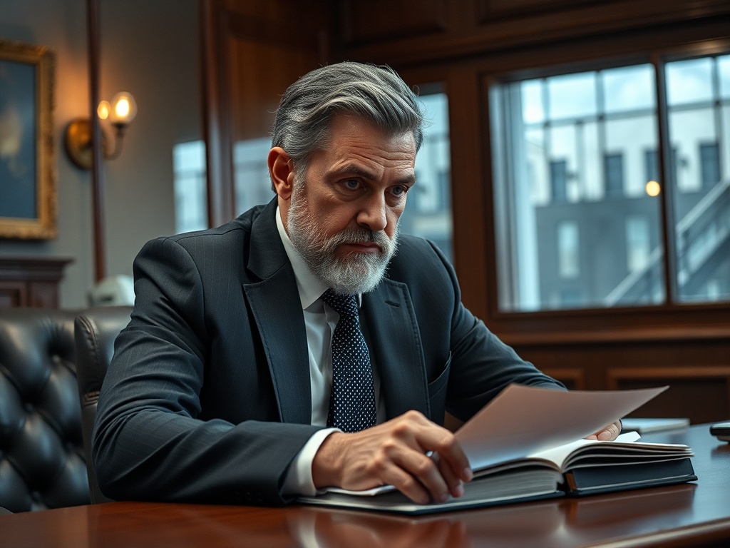 Мужчина в деловом костюме внимательно читает документы в офисе с большими окнами.