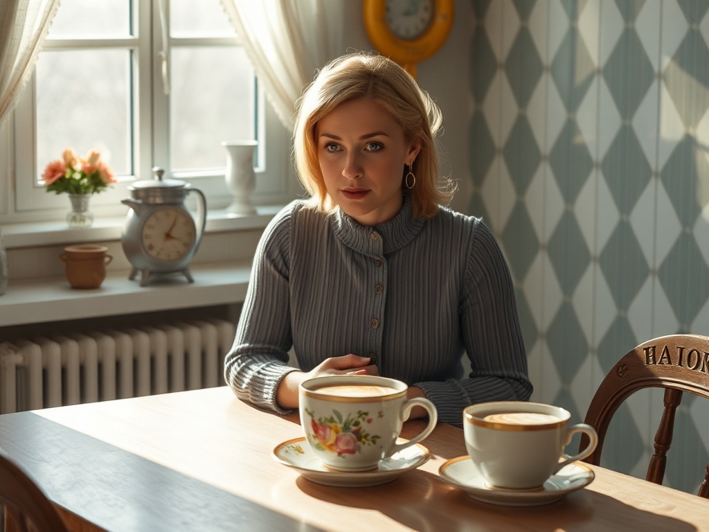 На картине девушка сидит за столом с чашками чая, рядом уютное окно и домашняя обстановка.