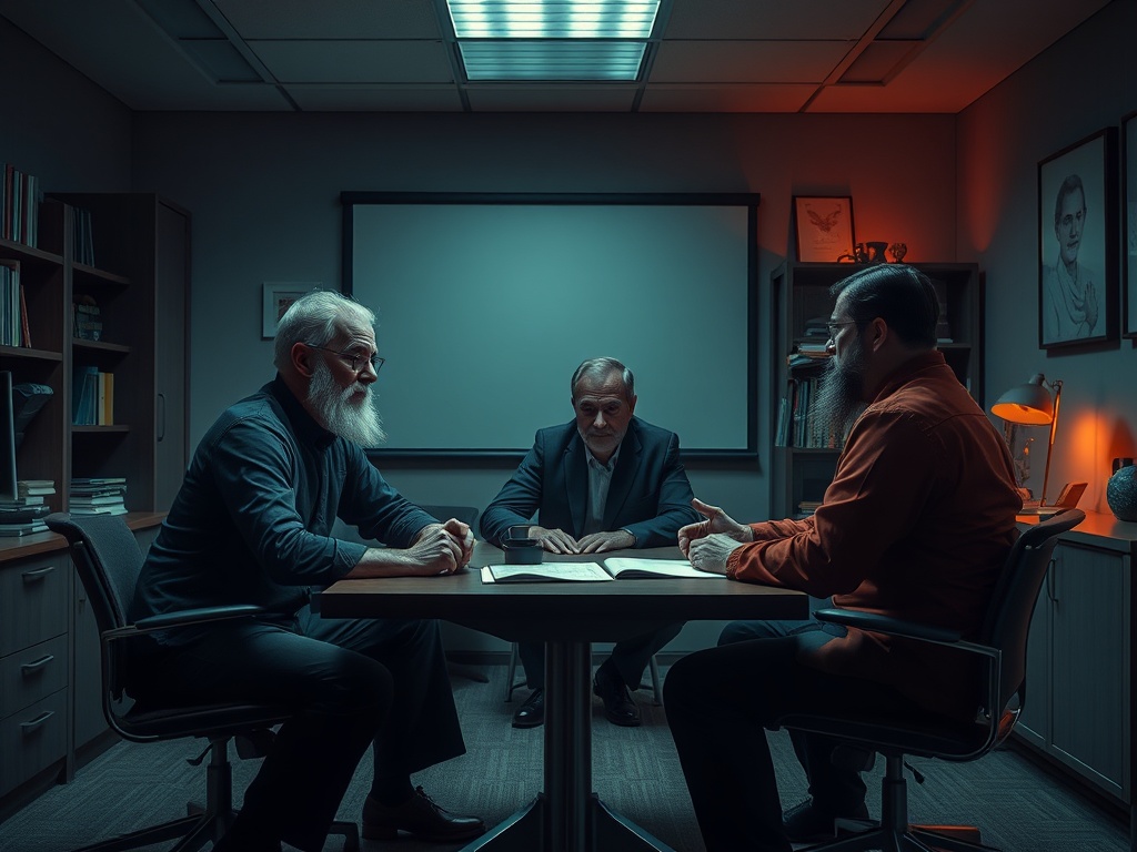 Трое мужчин с бородами сидят за столом в офисе, обсуждая что-то важное при тусклом освещении.