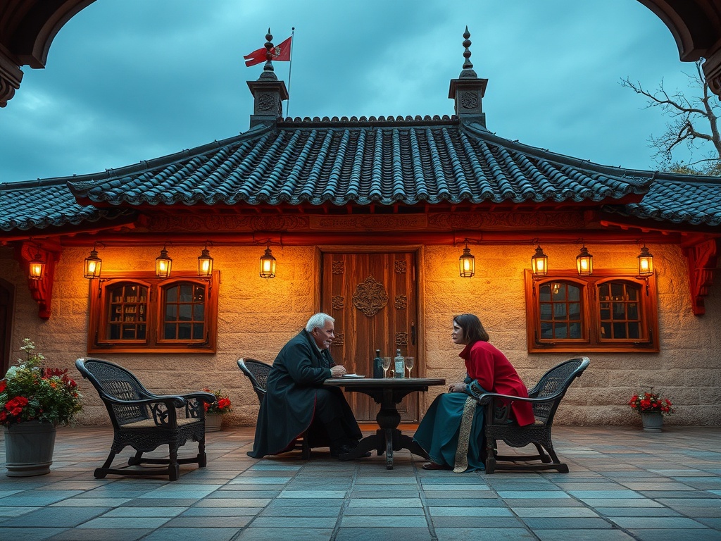 На фоне загадочного дома двое людей беседуют за столом при вечернем свете фонарей.