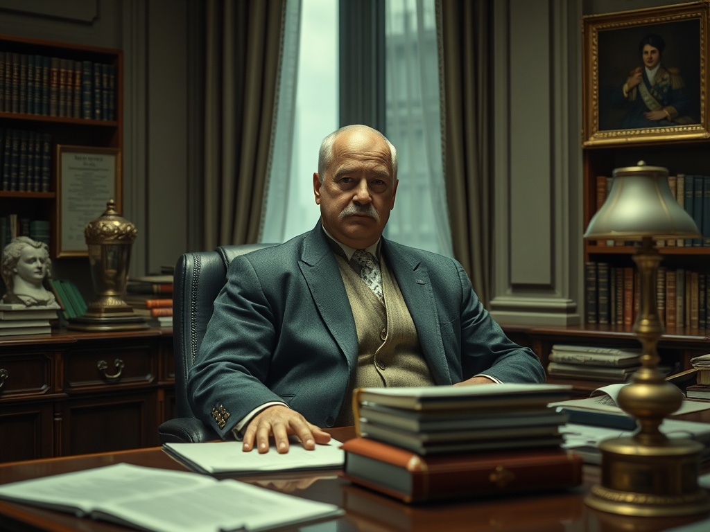 На изображении зрелый мужчина в офисе, сидящий за столом с книгами и документами, уверенно смотрит вперед.