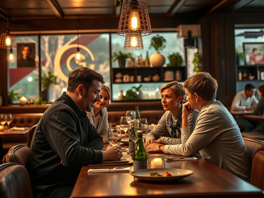 Четыре человека общаются за столом в уютном ресторане, окружающие растения и освещение создают теплую атмосферу.