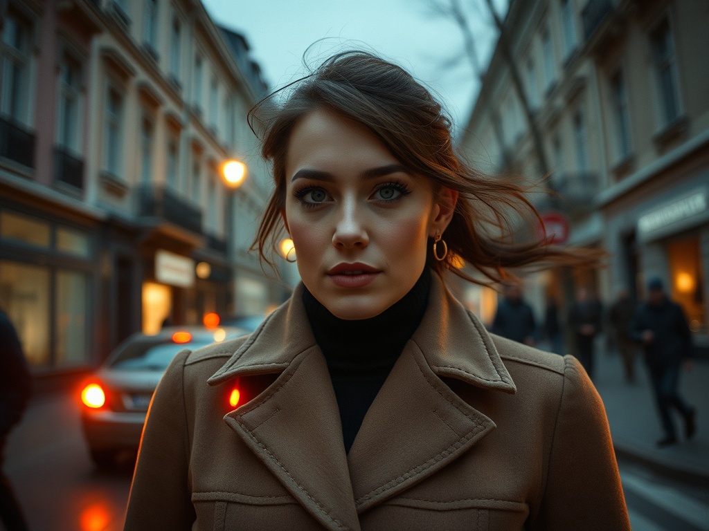 На улице вечер, женщина в стильном пальто смотрит прямо в камеру, вокруг движутся автомобили и прохожие.