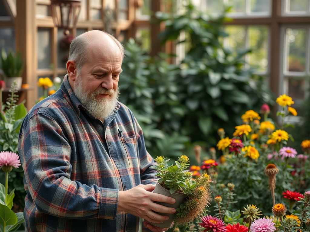 Пожилой мужчина с бородой держит горшок с цветами на фоне зелёных растений и ярких цветов.
