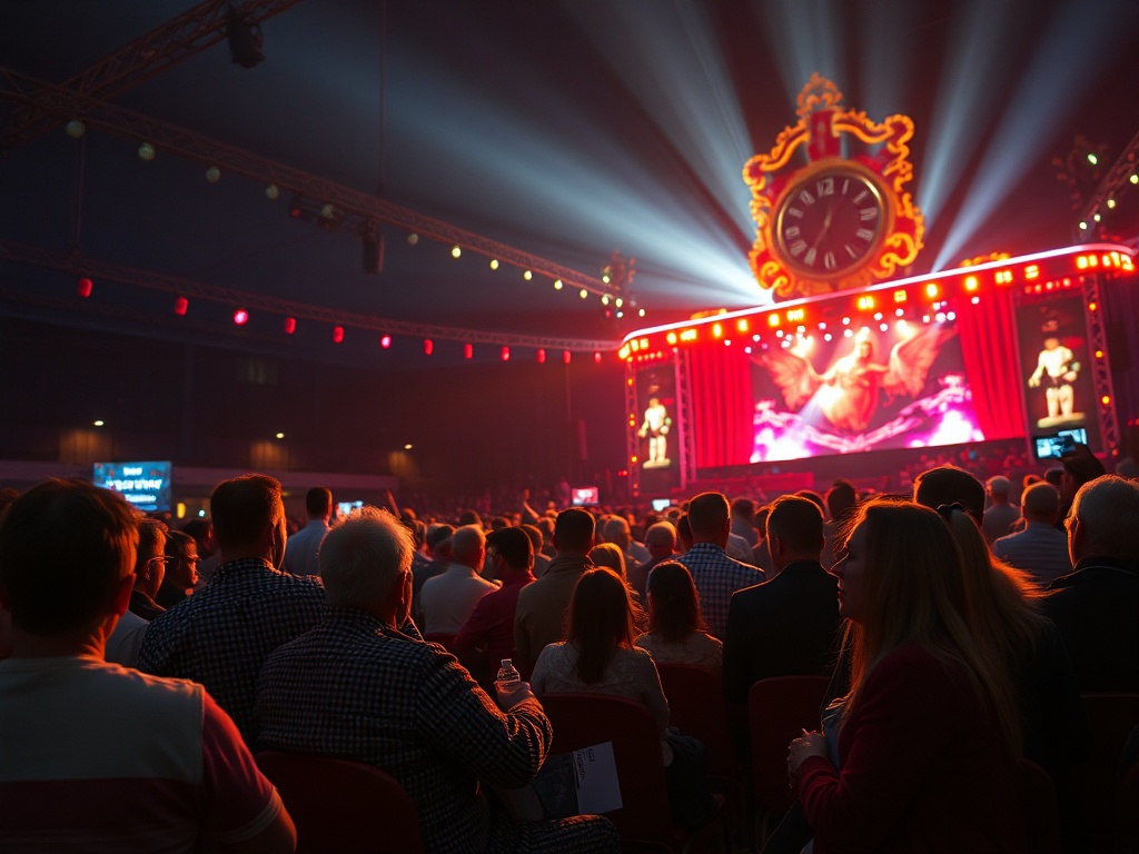 Аудитория смотрит на сцену с ярким светом и экраном, где проходит шоу или выступление.