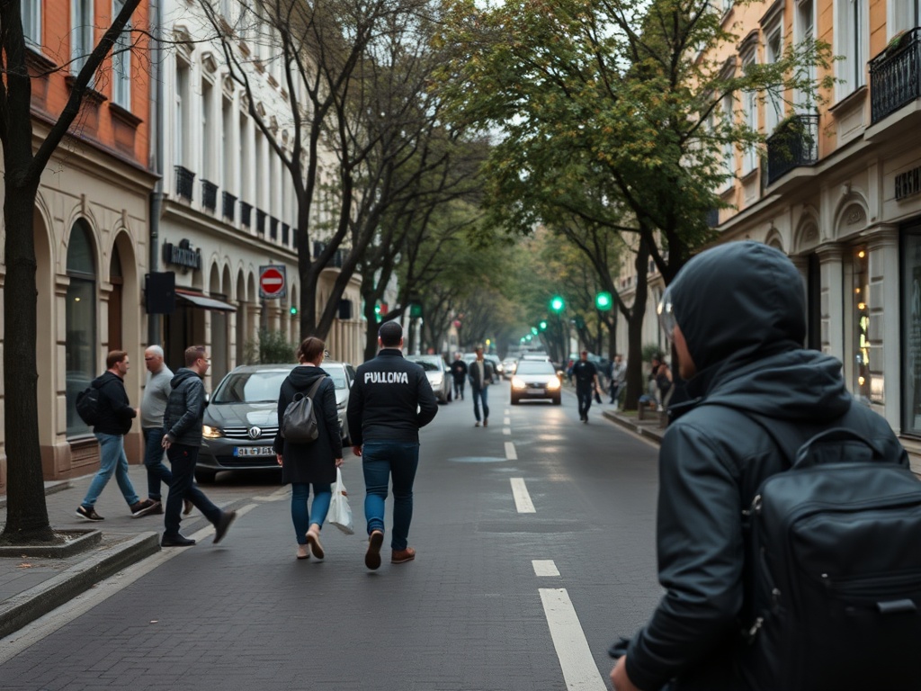 На улице люди идут по тротуару, видны автомобили и зеленые светофоры, деревья вдоль дороги.