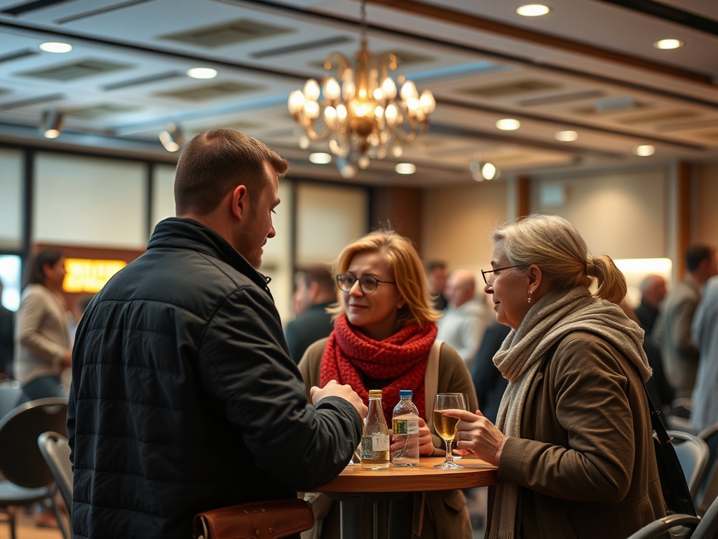 На мероприятии три человека обсуждают, держат напитки в руках, на фоне застолья.