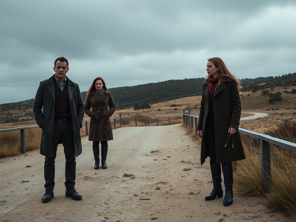 На дороге стоят три человека в темной одежде, окруженные зелеными холмами и облачным небом.