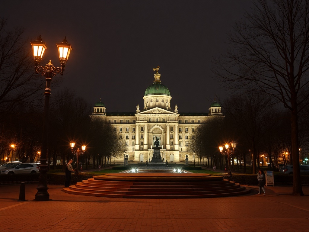Здание с куполом освещено фонарями, окружено деревьями и парком в ночное время.