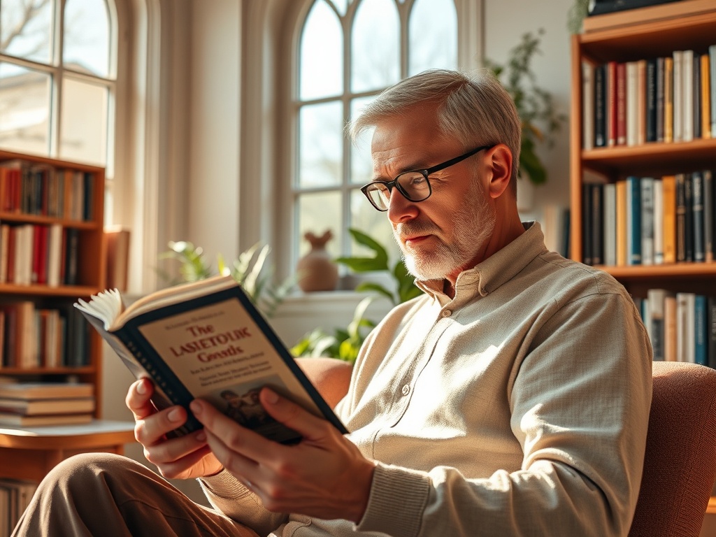 Пожилой мужчина читает книгу в уютном кресле, окружённый библиотекой и мягким светом.