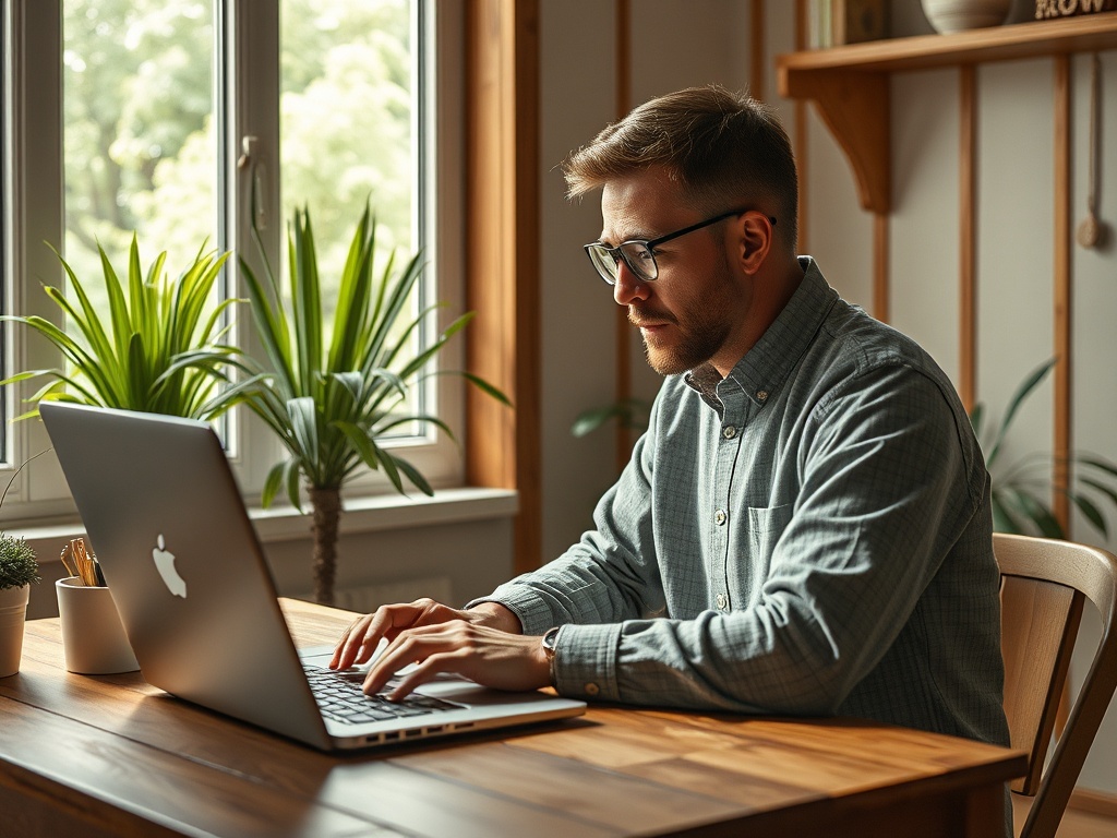 Мужчина работает за ноутбуком на деревянном столе, в окружении зелёных растений у окна.