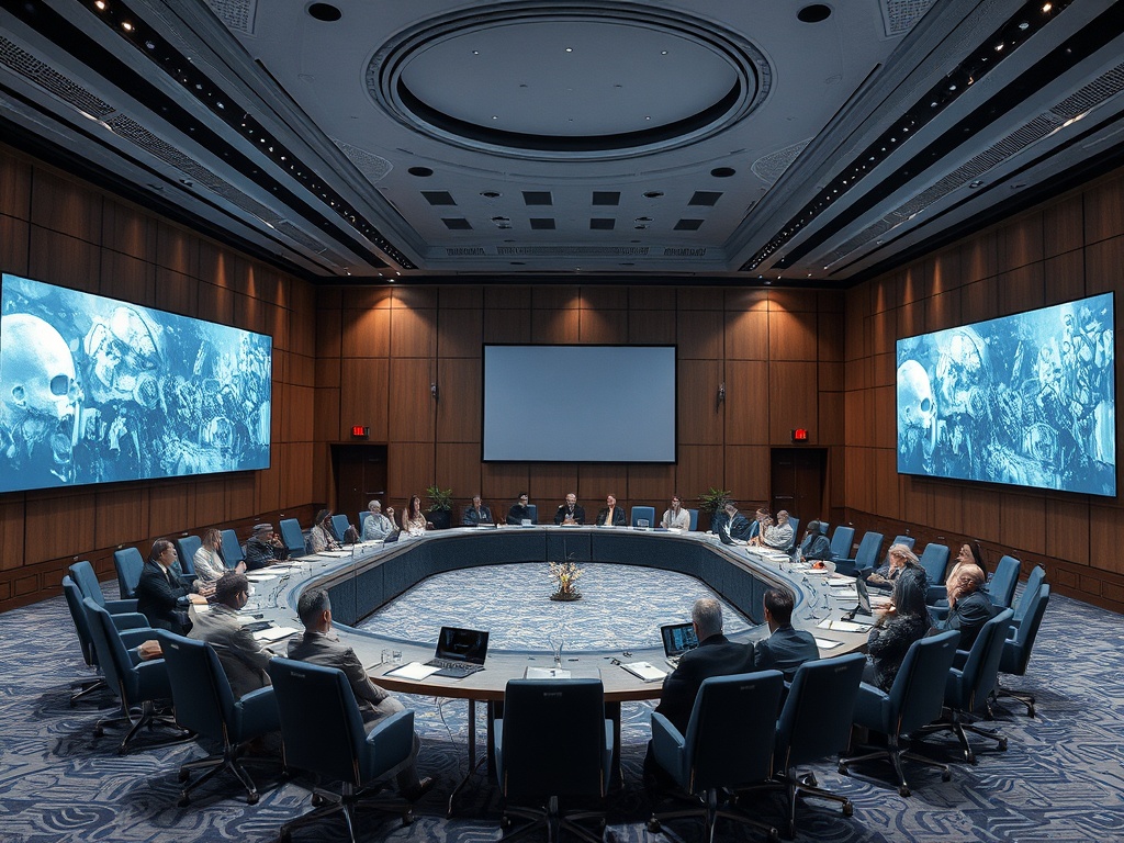 Совещание в круглом зале, участники обсуждают вопросы на фоне экранов с изображениями.