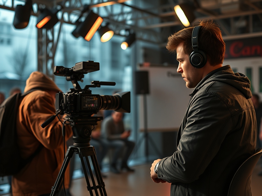 Мужчина в наушниках работает с камерой на мероприятии, вокруг него люди и световые эффекты.