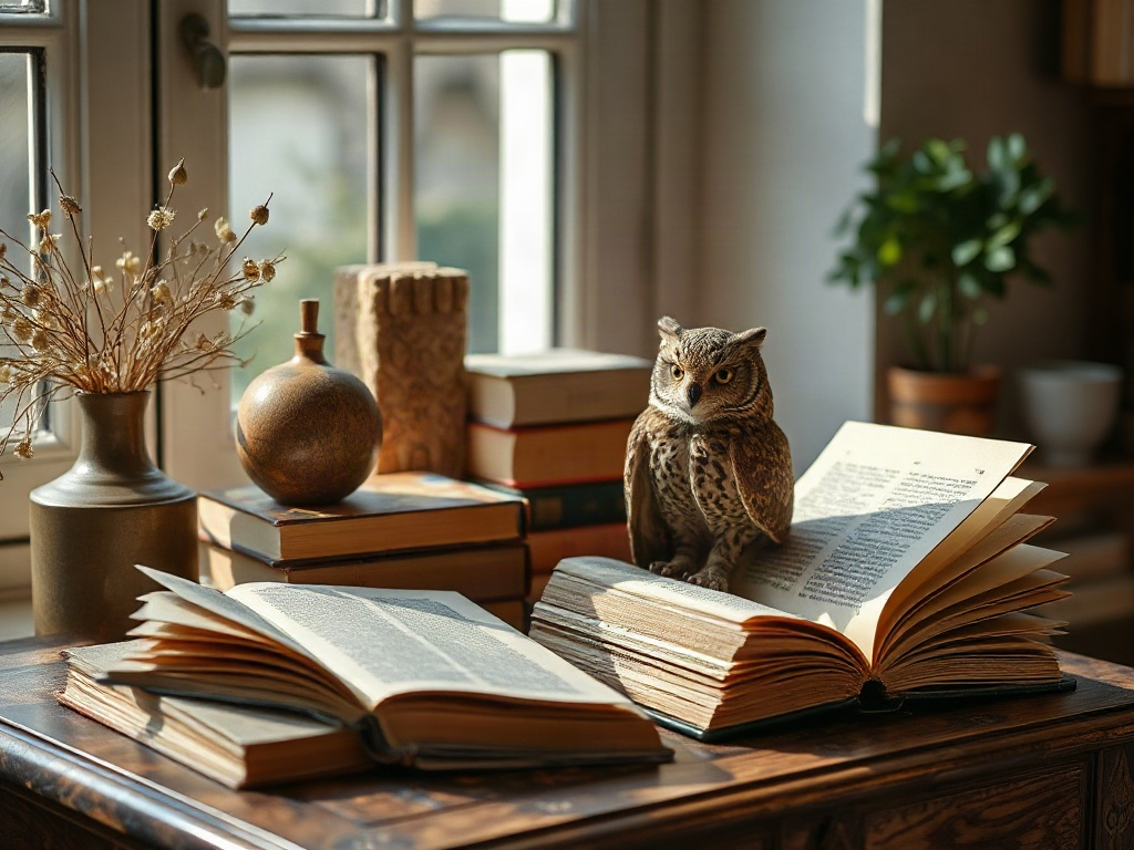 На столе лежат книги, подсвеченные солнечным светом, рядом сидит сова и ваза с сухими цветами.
