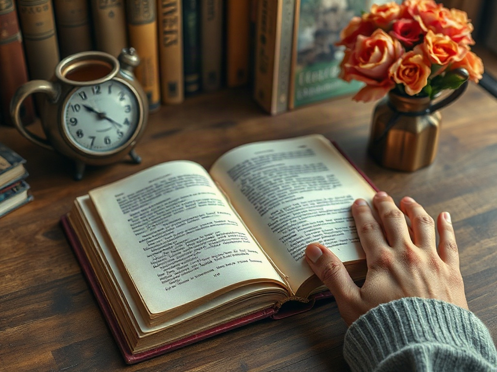 На столе лежит открытая книга, рядом с ней - часы и букет роз в вазе. Тайна страниц манит задумчивость.