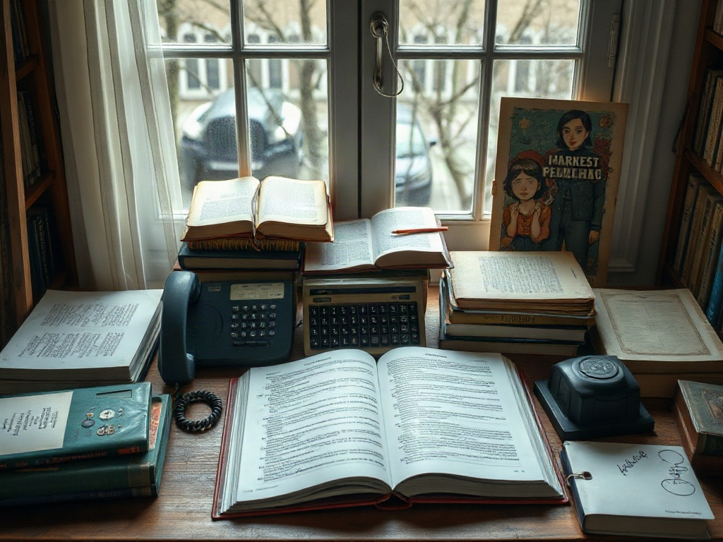 На столе в комнате с окном книги, телефон, печатная машина и рисунок двух девочек. Атмосфера уюта и творчества.
