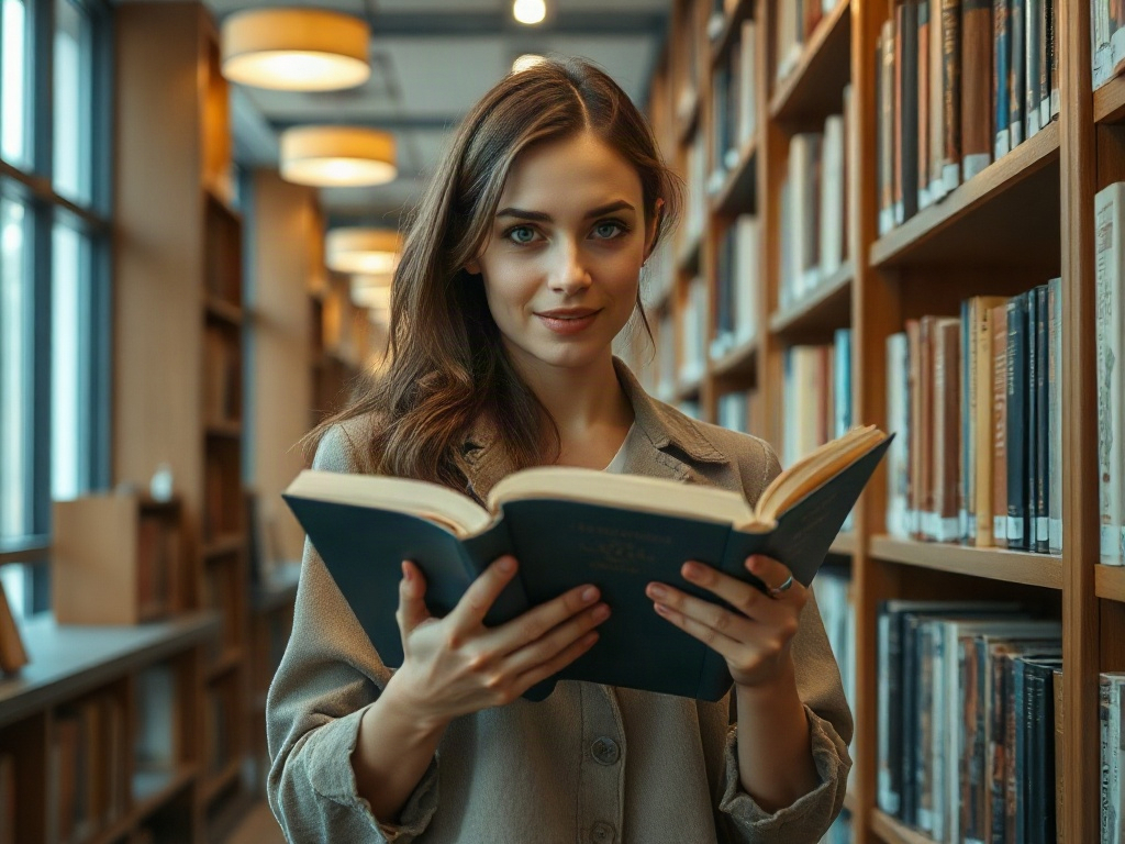 Девушка в библиотеке, держа книгу, улыбается и смотрит в камеру. За ней видны полки с книгами.
