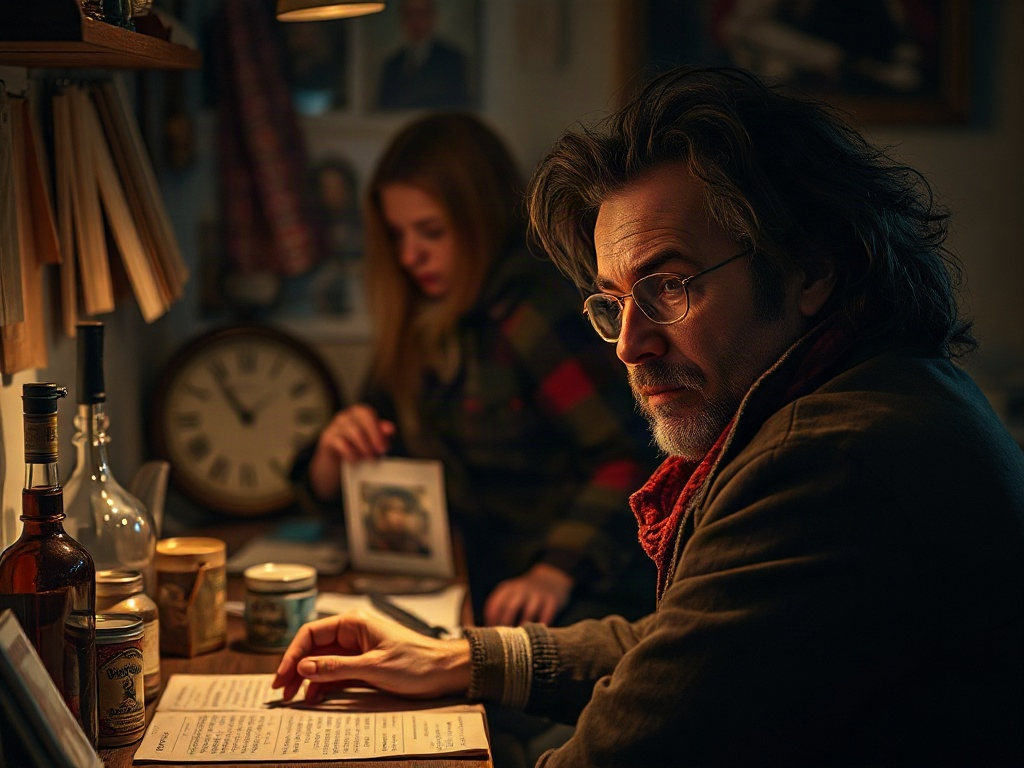 На изображении мужчина с бородой и glasses сидит за столом, женщина изучает фотографию в тёмном интерьере.